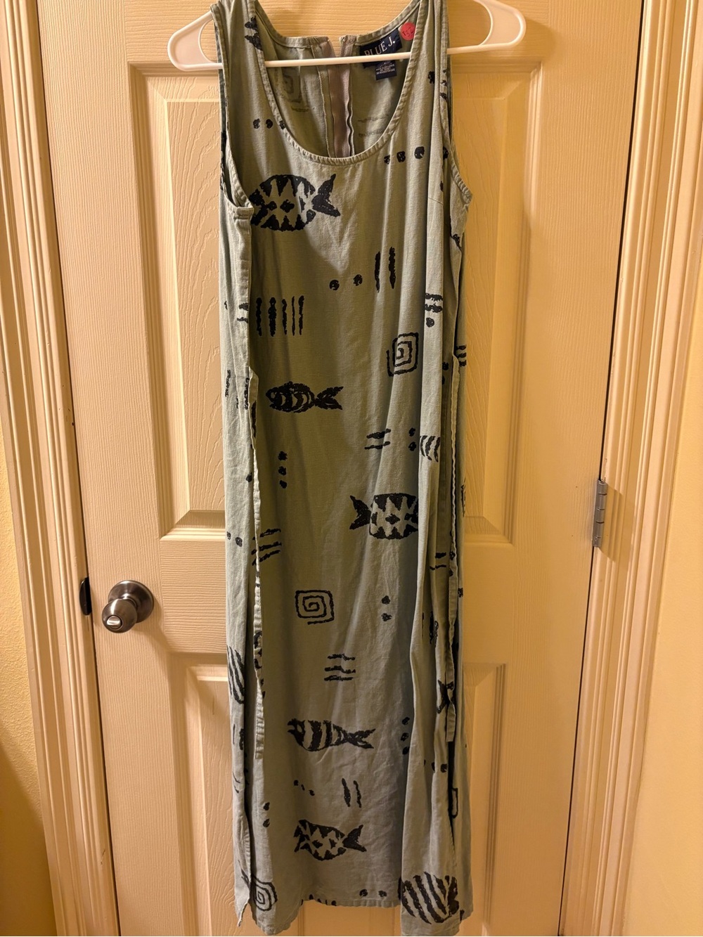 Blue J. Sleeveless Olive Green Maxi Dress with Black Fish Print